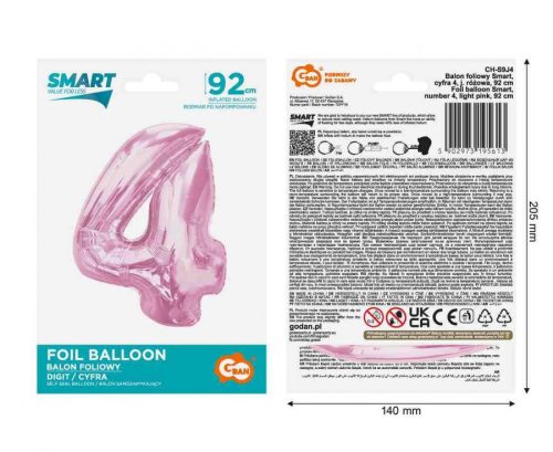 Rózsaszín 4-es Light Pink szám fólia lufi 92 cm
